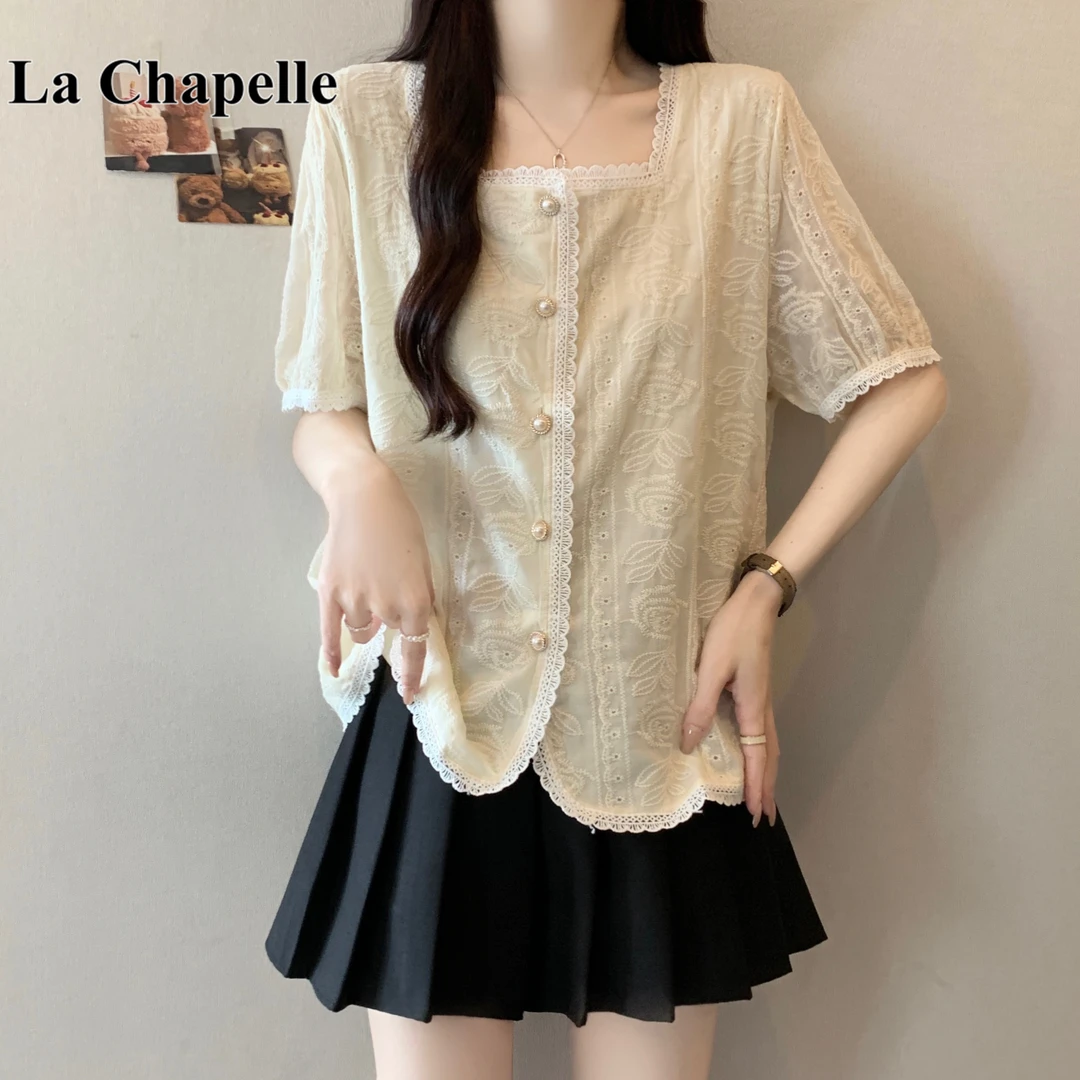 拉夏贝尔大码女装胖mm小香风蕾丝拼接短袖衬衫夏季显瘦正肩上衣新