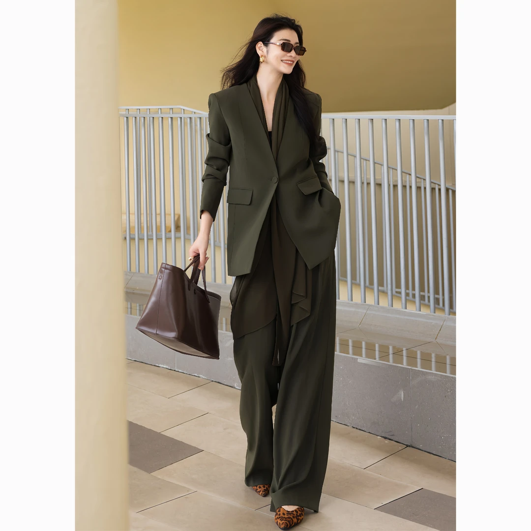 ZEROYK设计师款高定职业套装氛围感气质西服围巾阔腿裤三件套