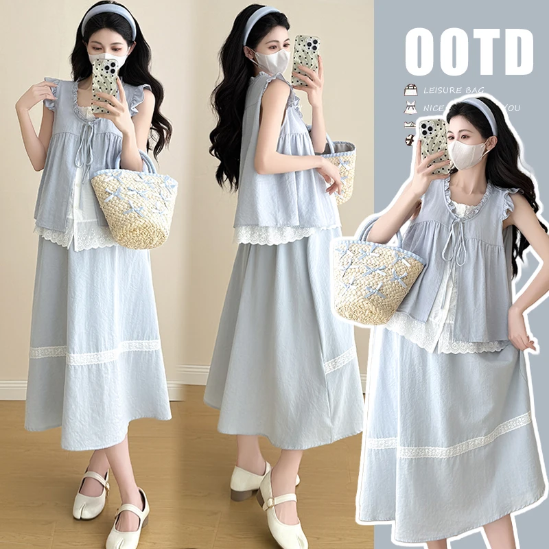 2025夏季新款娃娃领宽松清新假两件衬衫孕妇宽松长款半身裙两件套