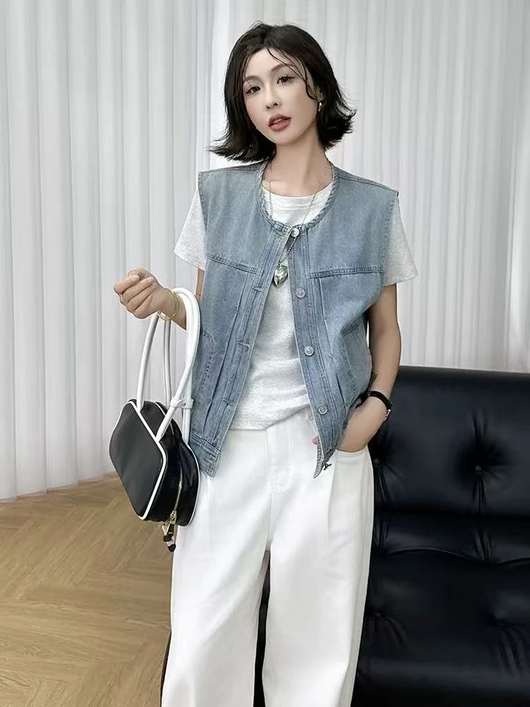 664#【火蓝家】复古印花显瘦牛仔马夹女2025季新款时尚设计感坎肩潮