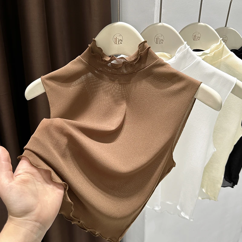 假领子内搭咖色叠穿网纱背心女秋冬无袖半高领薄透蕾丝打底衫上衣