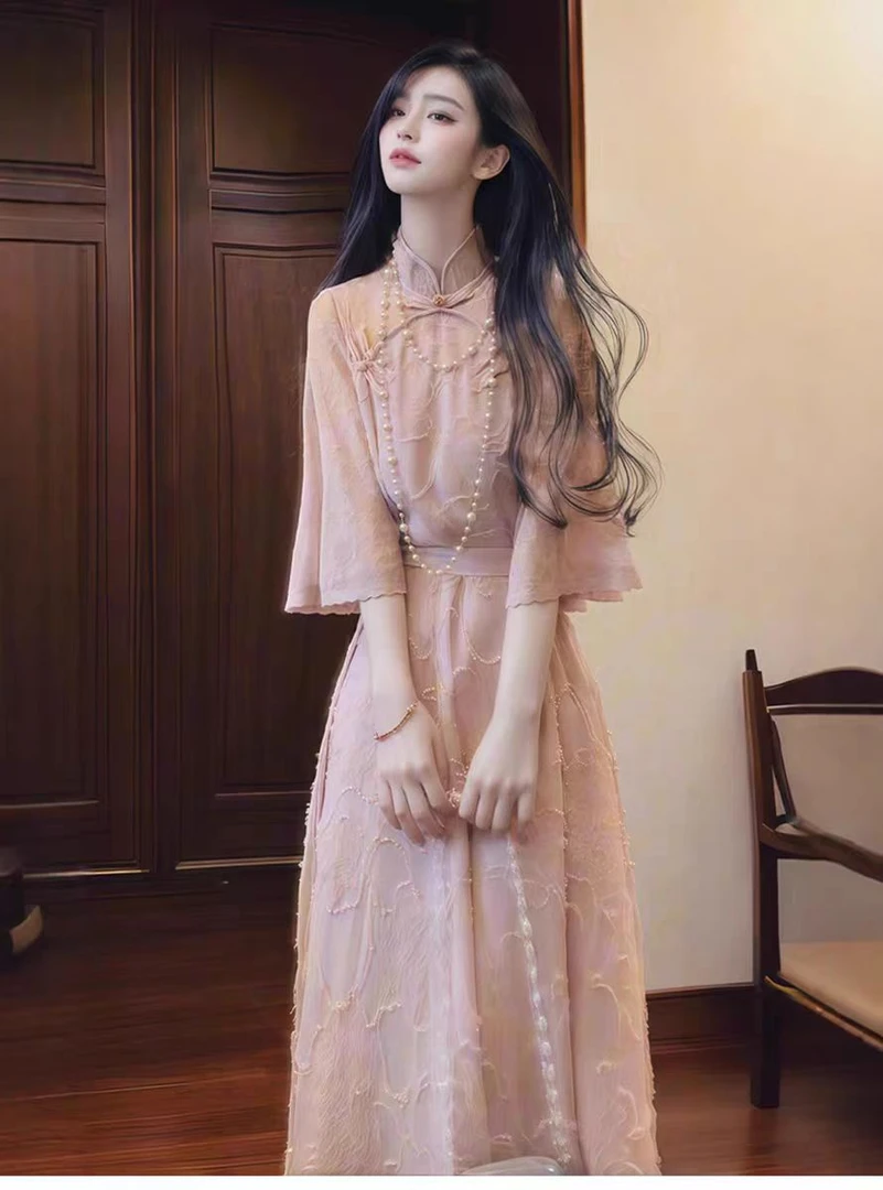 现563#新中式国风改良立领旗袍连衣裙女夏季系带收腰甜美中长裙