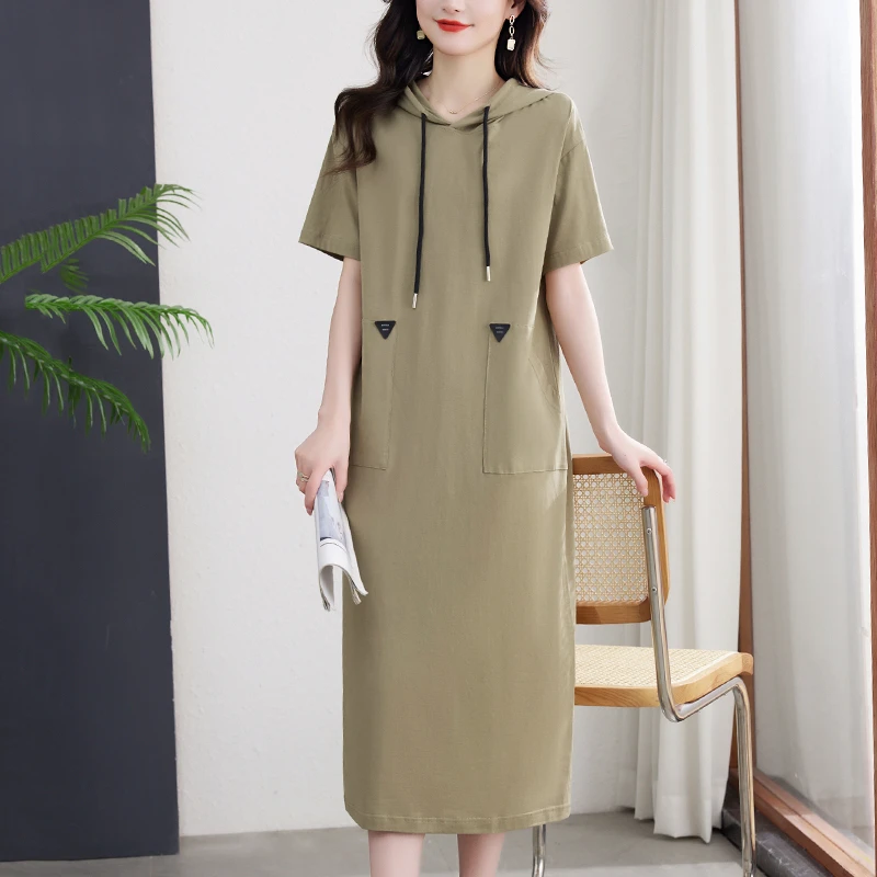高级感超好看卫衣裙夏长款过膝连帽短袖连衣裙气质显瘦T恤裙休闲