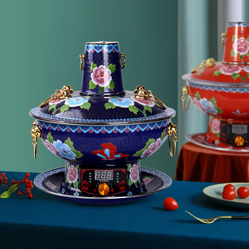 铜火锅纯紫铜插电景泰蓝铜火锅老式纯铜锅家用珐琅木炭鸳鸯铜火锅