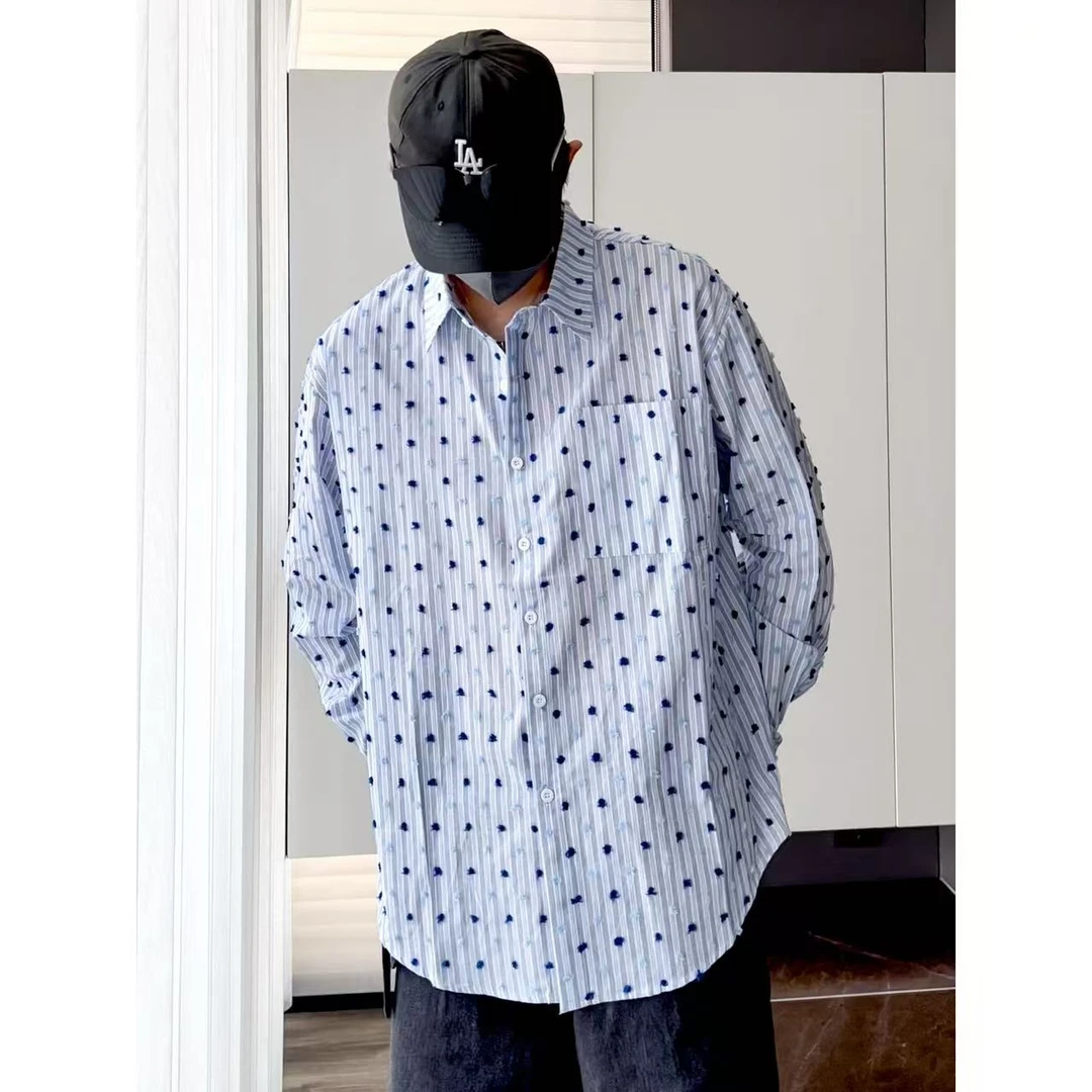 大圣圣 明星同款小碎花刺绣条纹长袖衬衫男百搭衬衣潮FRA 6650