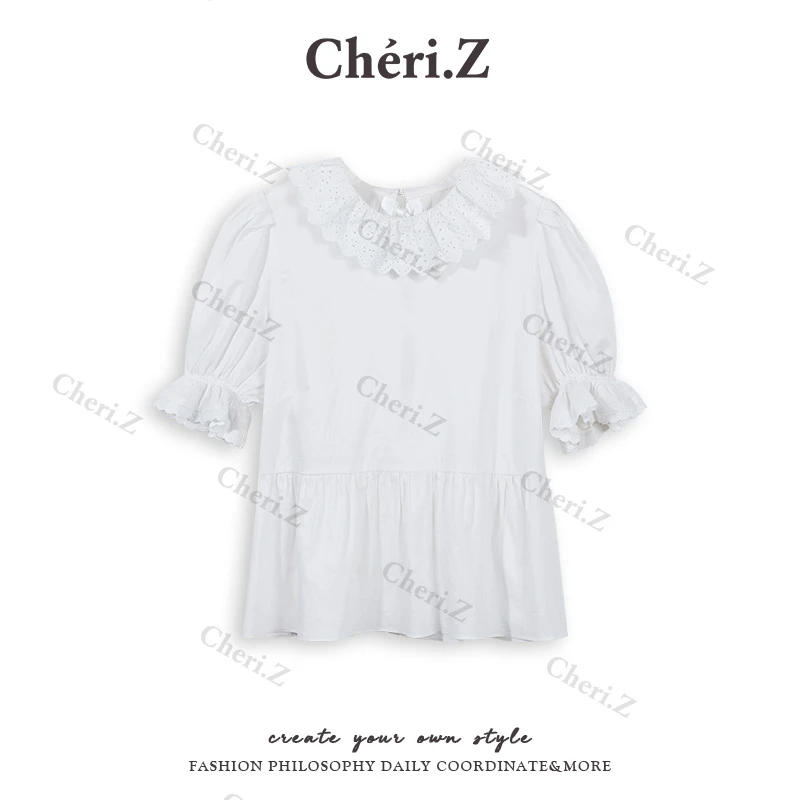 CHERI.Z甜美白色娃娃领短袖衬衫女短款衬衣小众设计感C23A02215C
