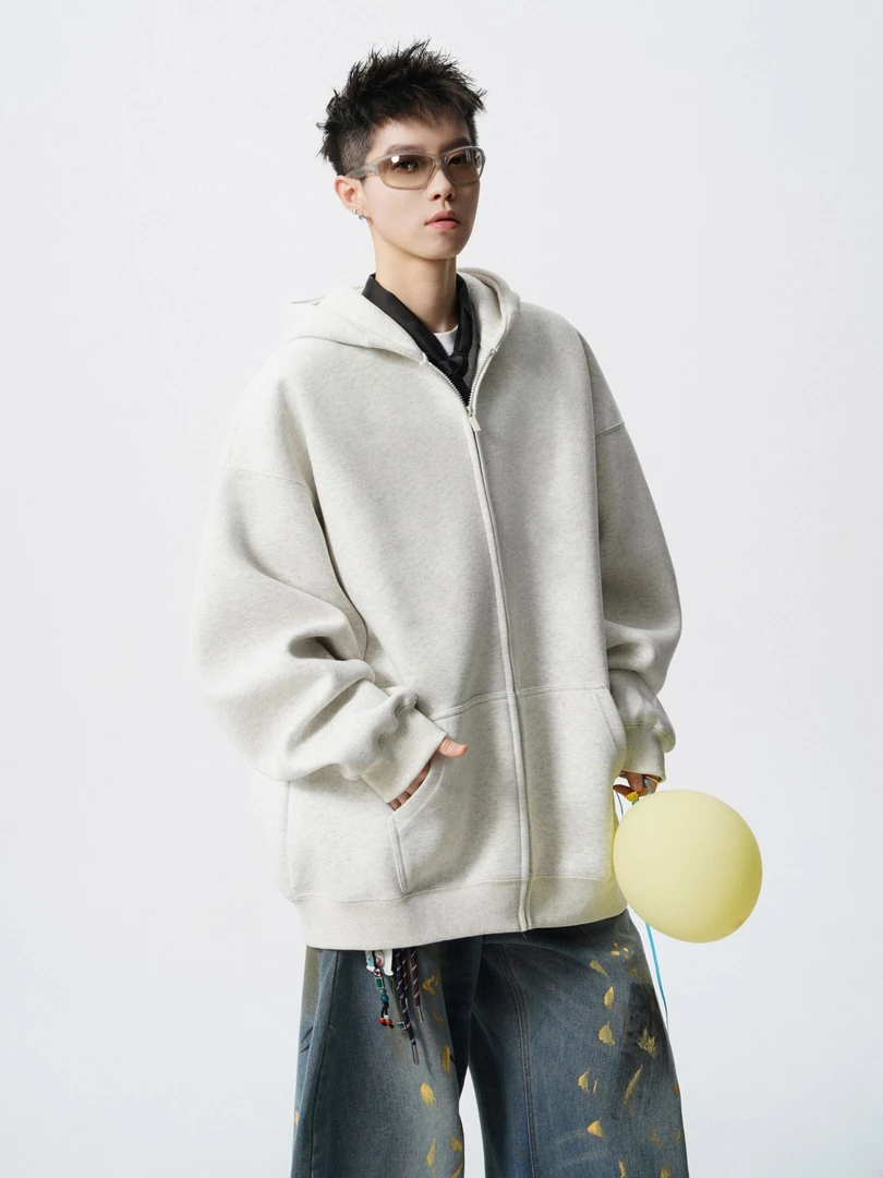 开衫拉链美式420g男士杏色连帽卫衣休闲男装冬季男士纯色秋季上衣