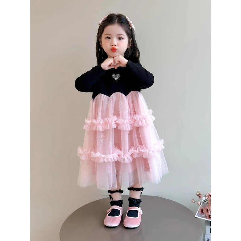 女童爱心网纱连衣裙秋装2025新款女宝宝早秋洋气长袖蛋糕裙公主裙