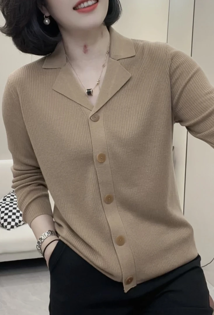 安潮秀A 2065气质显瘦修身小V领针织外套翻领开衫女长袖