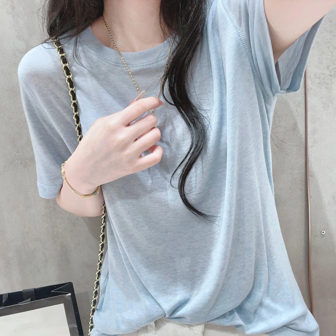 欧货纯色薄款莱赛尔天丝短袖t恤女夏季宽松休闲温柔圆领简约上衣