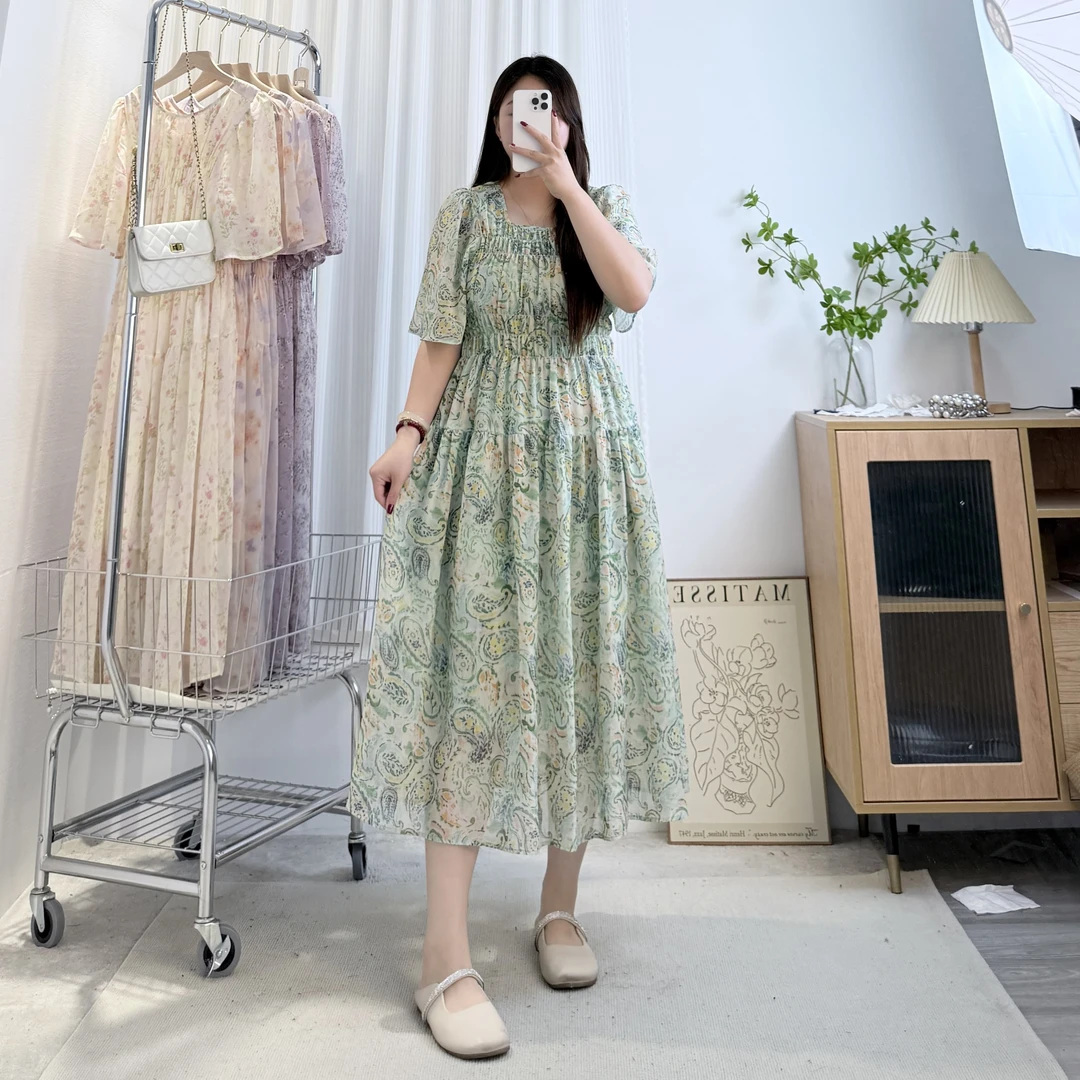 小清新气质【清雅绿波】显白减龄大码胖mm高腰显瘦中长款碎花裙