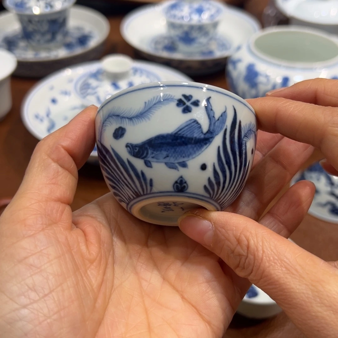 青花鱼藻纹卧足杯子60毫升