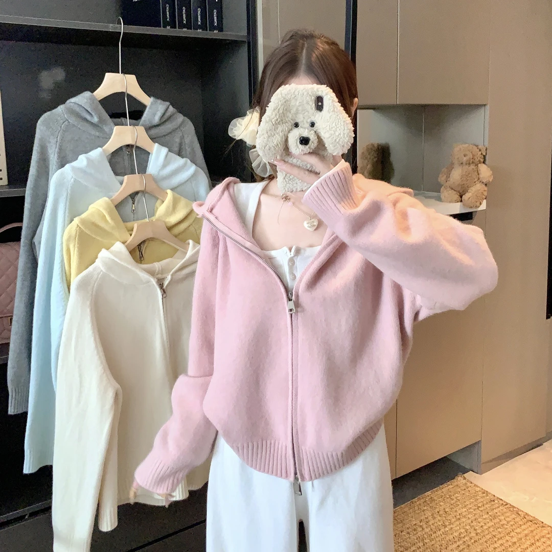 【1148】大码胖mm秋冬连帽短款针织开衫女宽松遮肉显瘦百搭毛衣外套