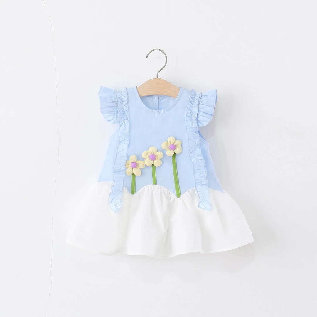 女童连衣裙夏季儿童女宝宝立体花朵飞袖娃娃衫公主裙洋气夏装裙子