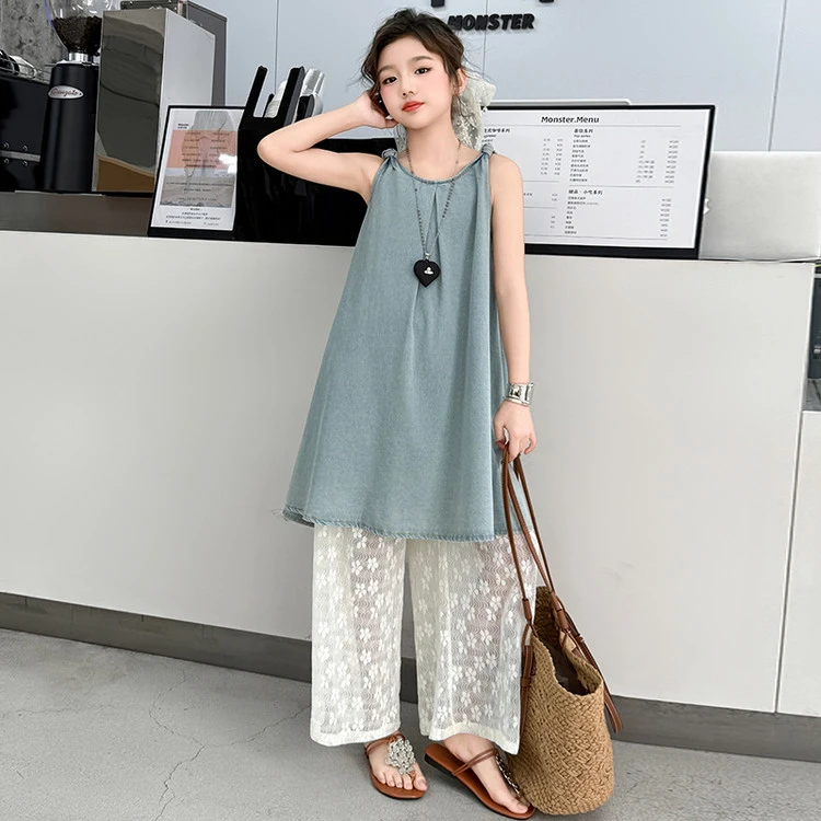 女童夏季套装少女时尚慵懒风背心裙洋气薄款中长款宽松阔腿裤套装