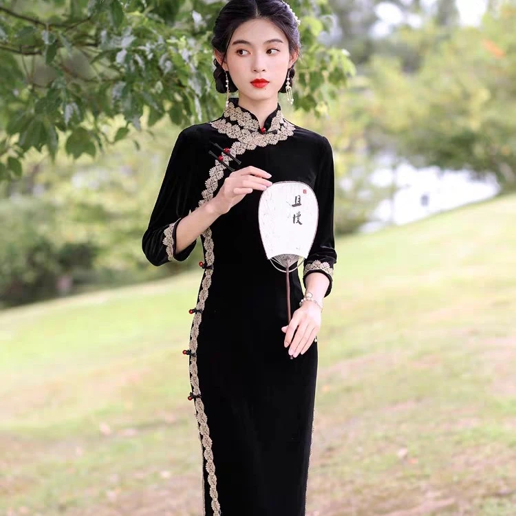 9331老上海金丝绒旗袍2025年新款中国风复古日常可穿中长袖连衣裙