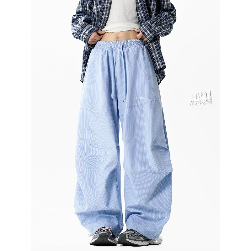 美式爵士舞蓝色条纹裤子夏季垂感宽松少女工装裤休闲阔腿伞兵裤子