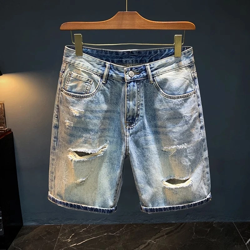 Cebrodz破洞牛仔短裤男士夏季新款潮流痞帅五分裤宽松割烂乞丐裤