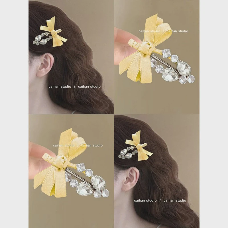 奶油柠檬黄！水钻蝴蝶结发夹！明媚甜美刘海马尾夹气质复古2025