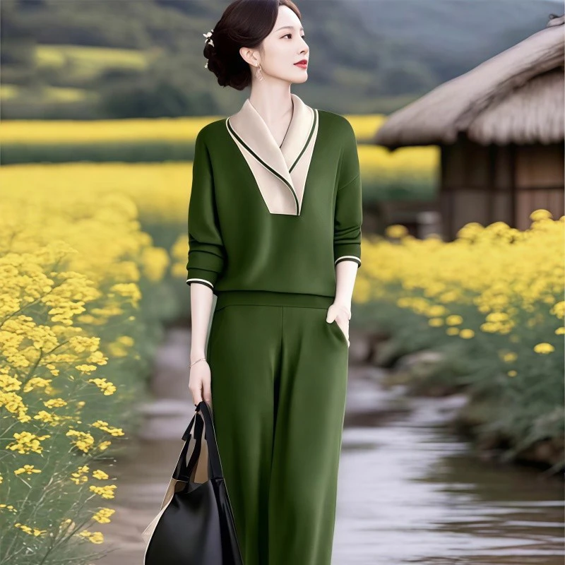 2025春秋新款高级感撞色拼接上衣女高腰洋气优雅直筒休闲裤两件套