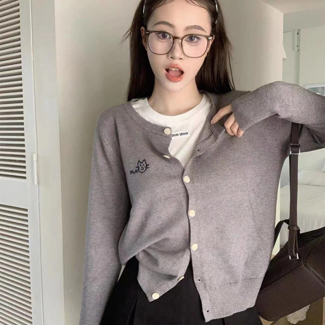 A小猫刺绣针织开衫外套女2025春秋休闲宽松圆领百搭毛衣上衣秋冬