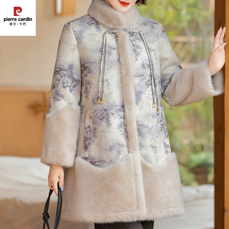 皮尔卡丹2025新款中老年女冬季皮毛一体大衣妈妈冬装端庄大气海宁