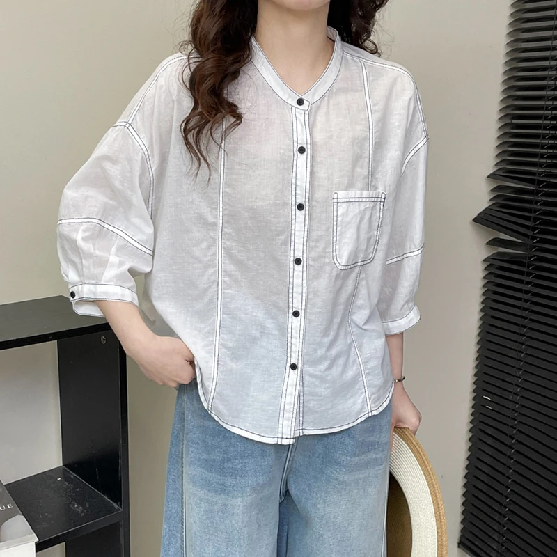 （直播撞色明线棉麻小衫）85058夏季新款简约气质百搭七分袖衬衣Z