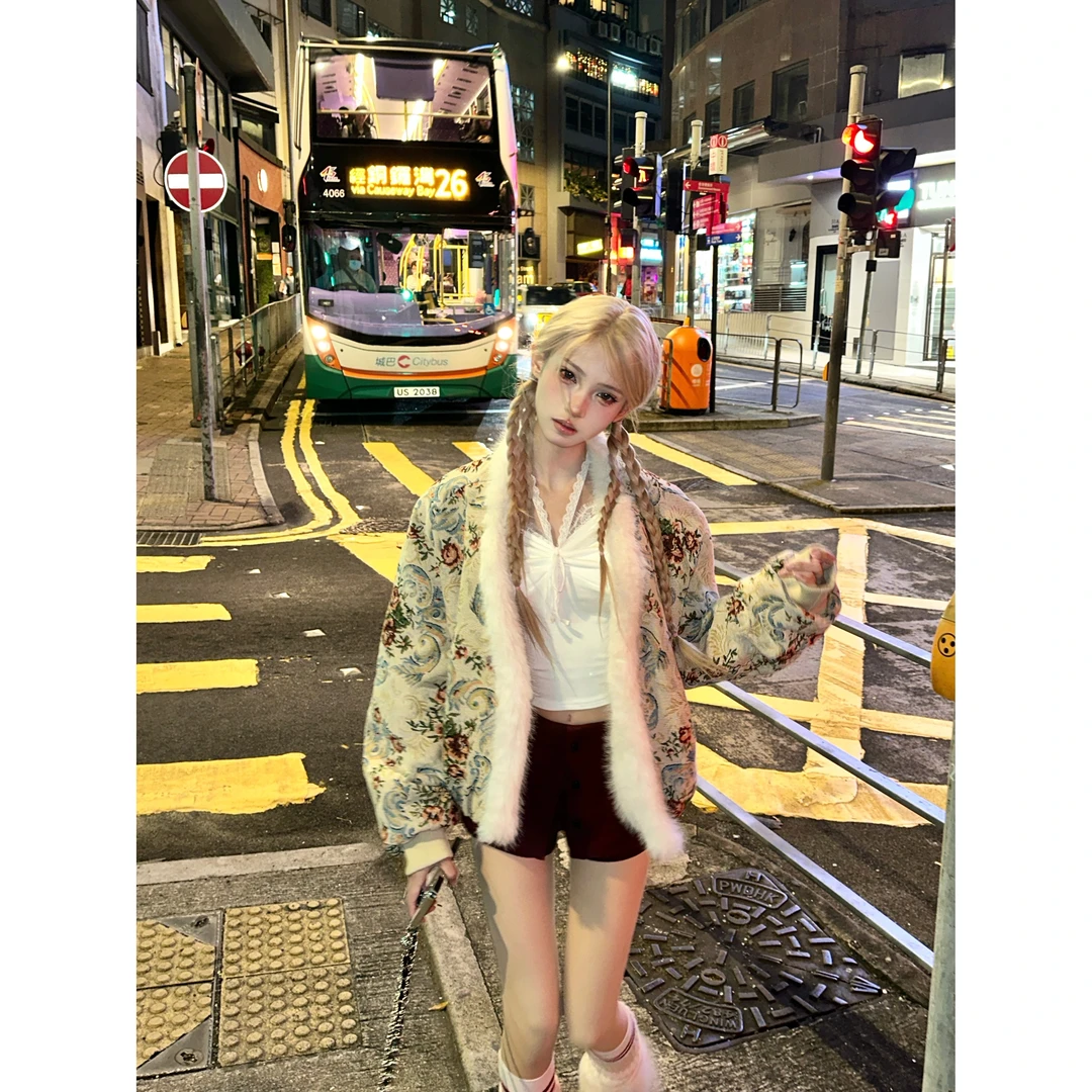 绘梨衣【失落花园】秋冬复古美式提花毛毛外套宽松加厚夹棉外套