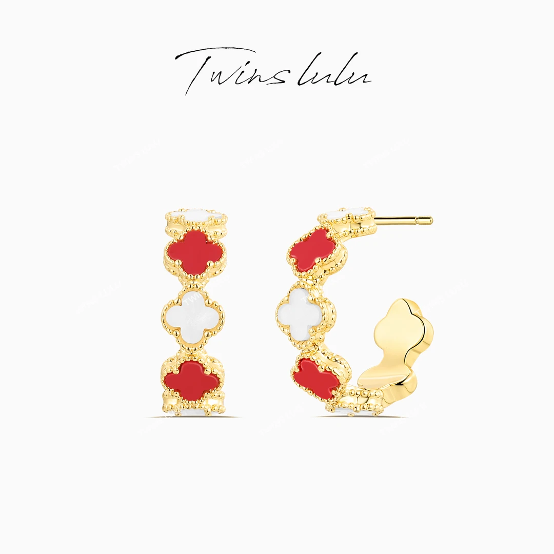 TWINS LULU镀K金秋上新轻奢蛇年红色四叶花耳环秋上新TSL1462