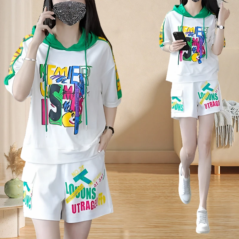韩版宽松连帽运动套装夏装2025爆款小众设计感短袖短裤套装两件套