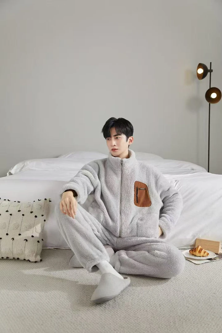 2025秋冬男士新款简约时尚潮流保暖加绒加厚睡衣家居服套装宽松