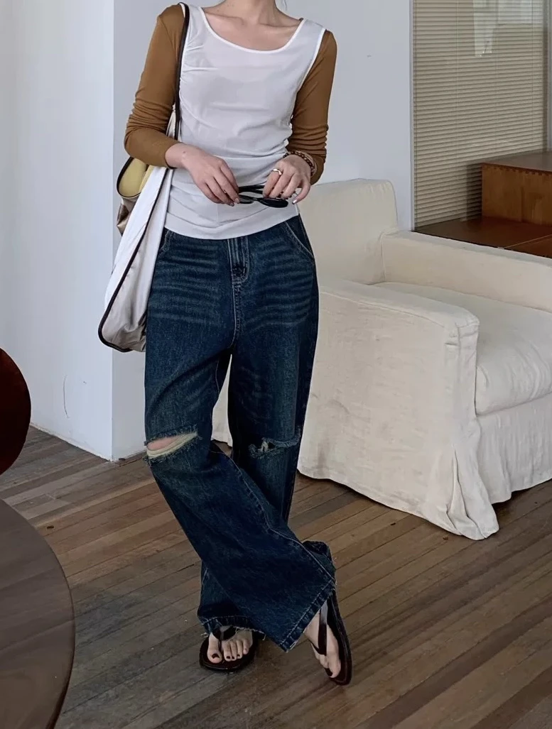 “manzanilla”宽松阔腿蓝色破洞牛仔垮裤女2025——黑鸭子买手店