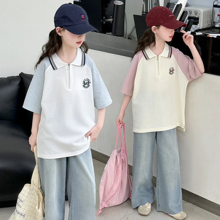 女童套装夏季2025新款好看女孩夏装儿童polo短袖T恤牛仔裤两件套