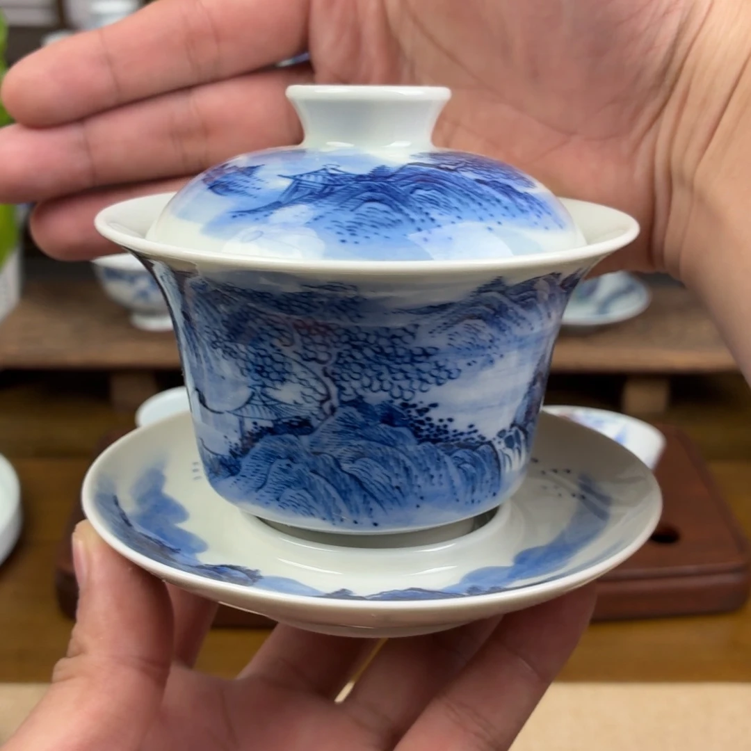 景德镇 纯手工手绘 青花山水 盖碗