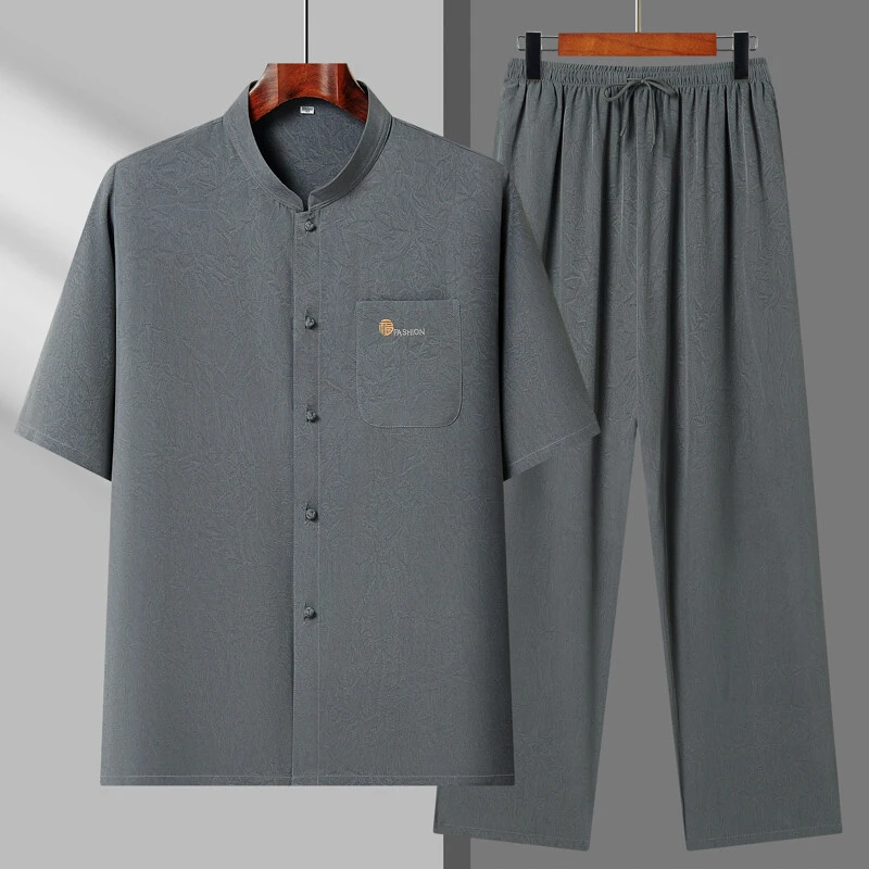 中老年夏季新款男士短袖唐装套装新款衬衫上衣老头宽松衬衣爷爷装