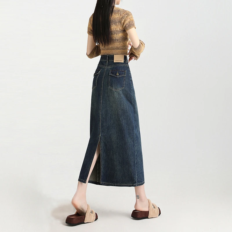 复古蓝高腰牛仔半身裙女春秋2025新款中长款显瘦包臀后开叉裙子潮