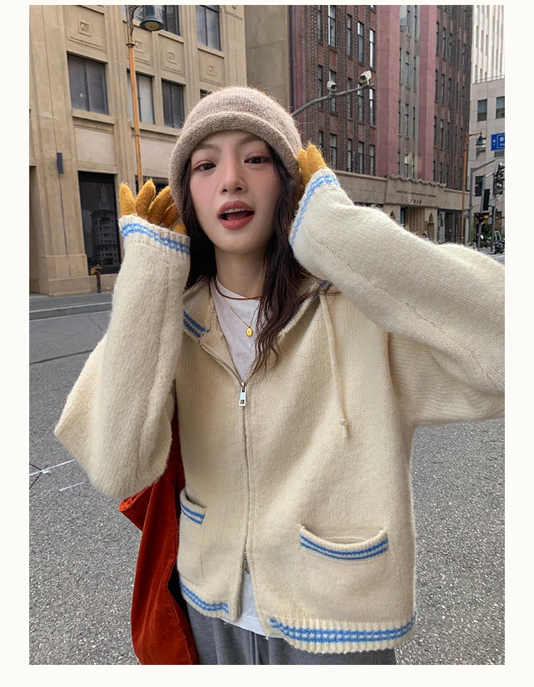 【西西里安】 敲爱慵懒款~软糯撞色条连帽毛衣开衫