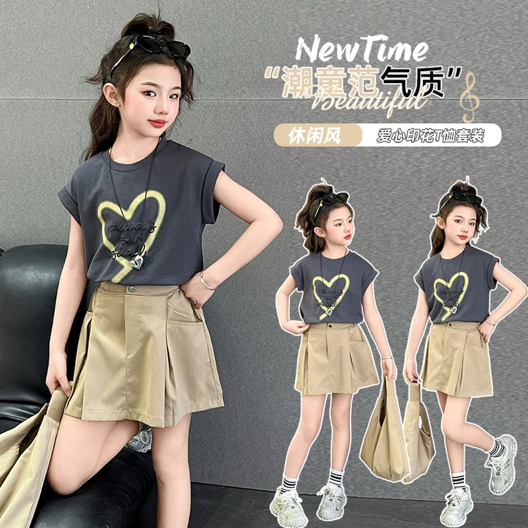 女童套装夏季2025新款女大童夏款洋气短裙两件套儿童夏装短袖t恤