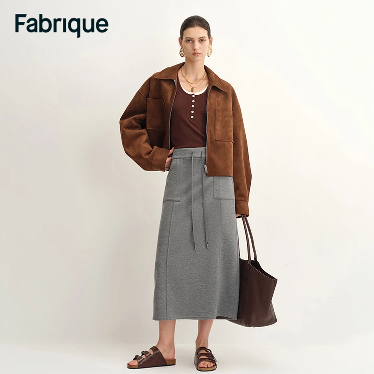 Fabrique Nicole 秋冬新款浅花灰棉质轻运动抽绳松紧腰休闲半裙