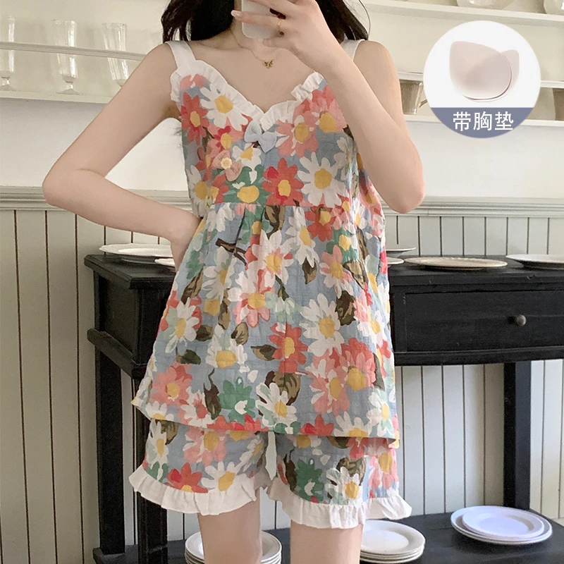 吊带睡衣女款夏季2025新款云朵棉带胸垫甜美碎花可外穿家居服套装