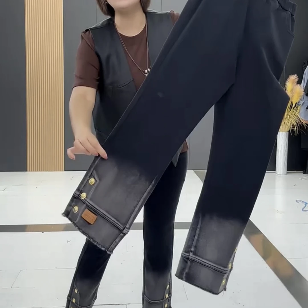 2015梵#大码高腰弹力净版晕染显瘦洋气百搭烟管裤