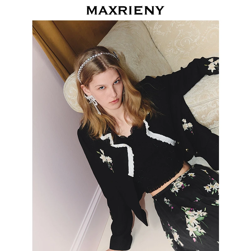 【商场同款】MAXRIENY轻奢高知穿搭收腰外套百合珠片绣花25秋款