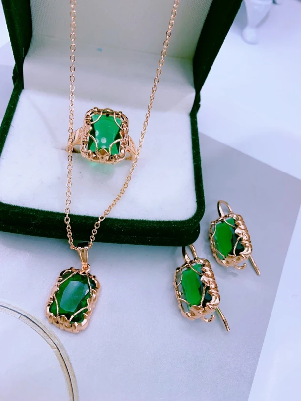 合金玻璃耳饰 绿色方形三件套 217号