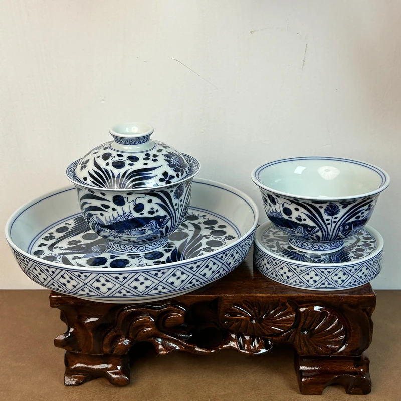 景德镇陶瓷仿元青花鱼藻纹盖碗壶承套装茶具功夫茶复古茶具中式