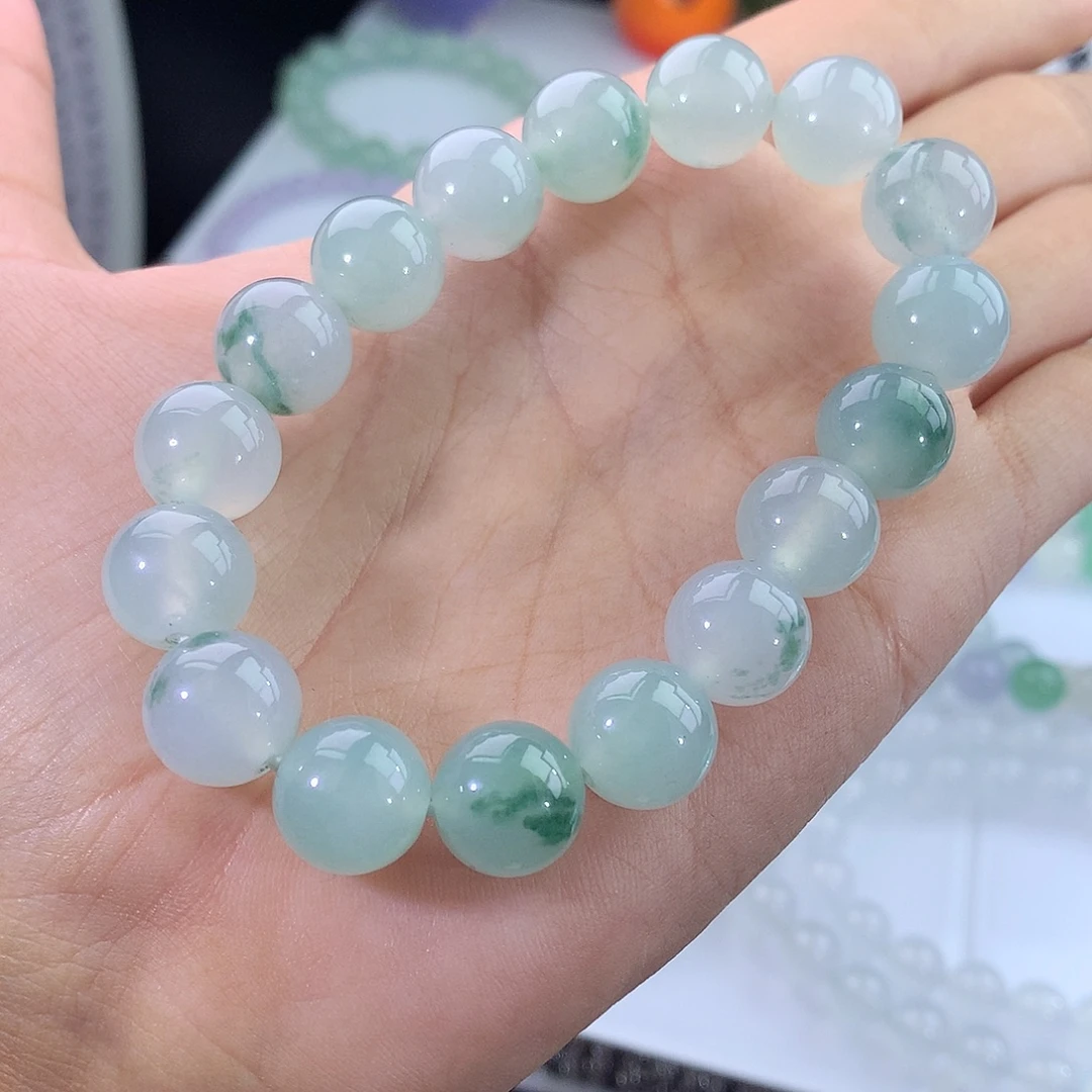 未镶嵌手链翡翠翡翠冰晴绿飘花手串