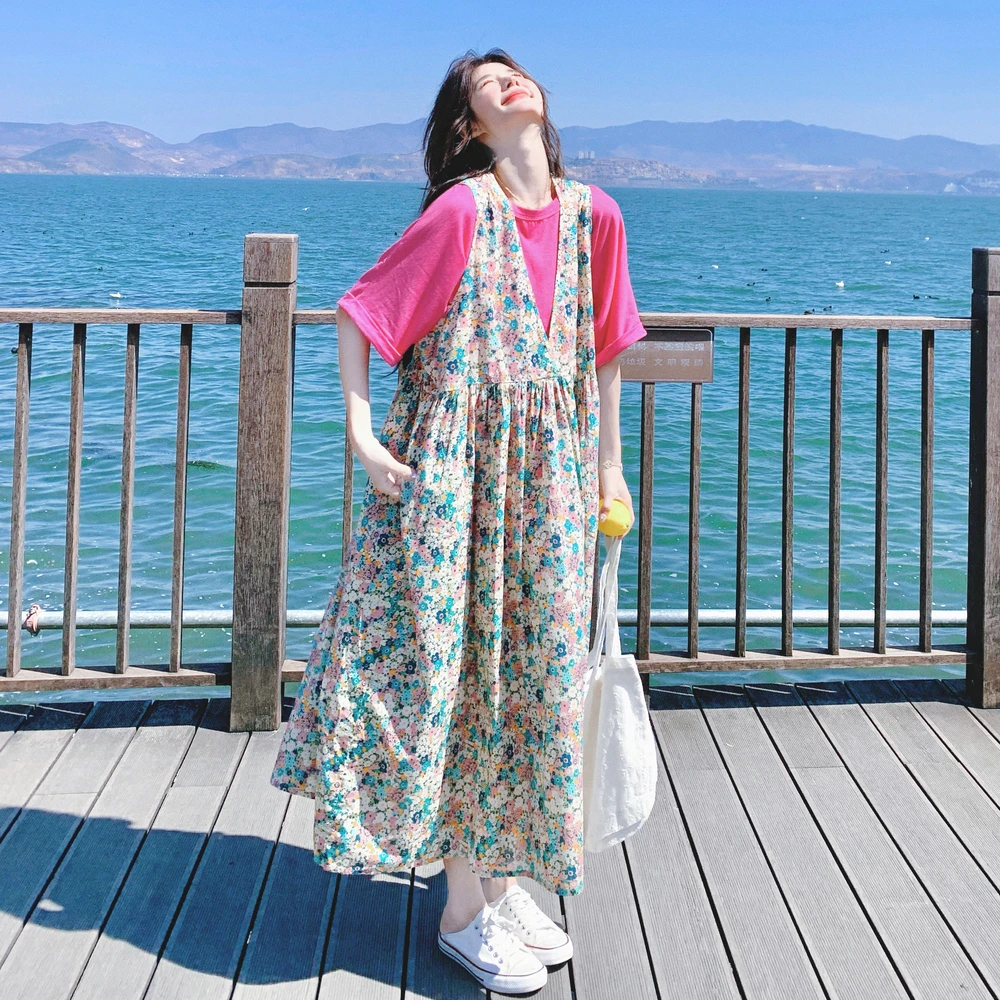 五一旅游短袖碎花背带裙套装女2025夏季新款多巴胺甜美可爱两件套