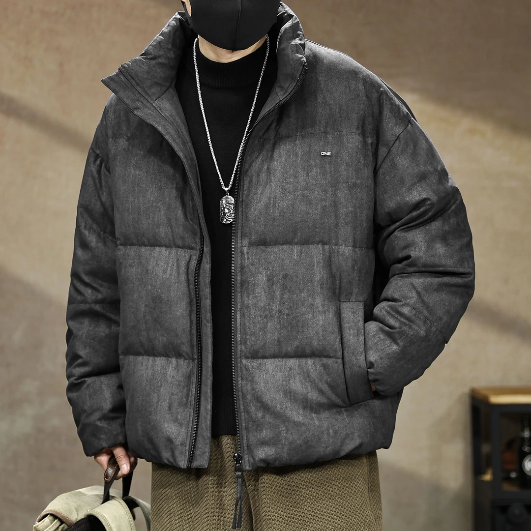 90鸭绒立领羽绒服男冬季新款加厚保暖绒面印花面包服上衣情侣外套