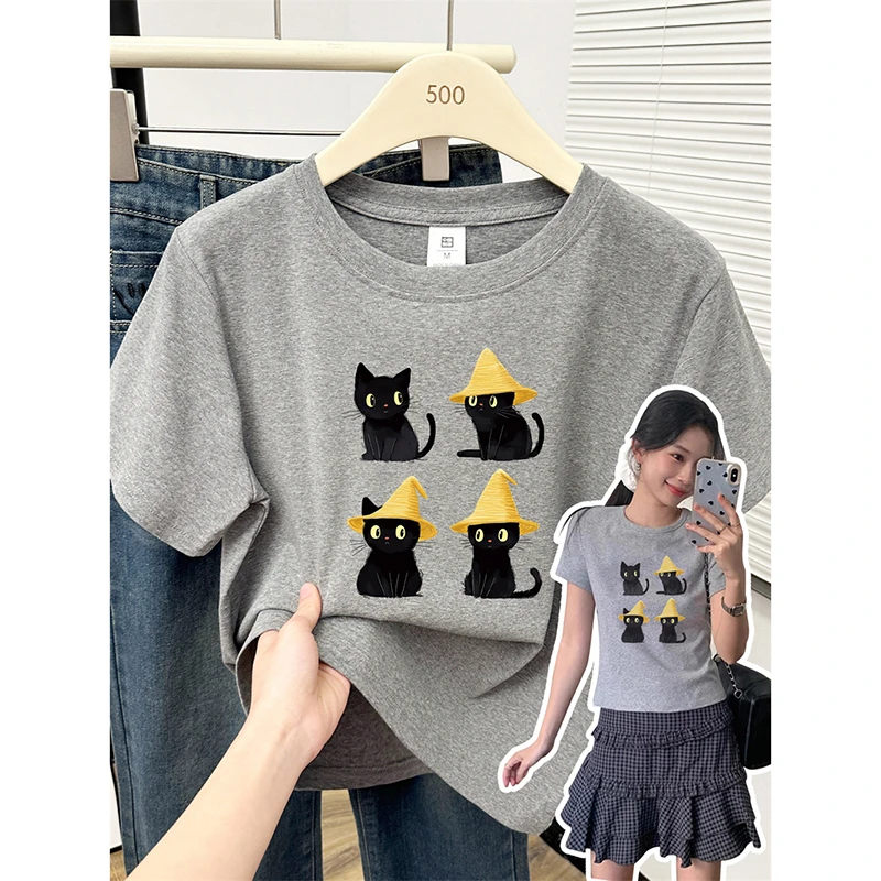 花灰色复古正肩上衣棉弹力小个子甜辣修身潮酷猫咪显瘦短袖t恤女