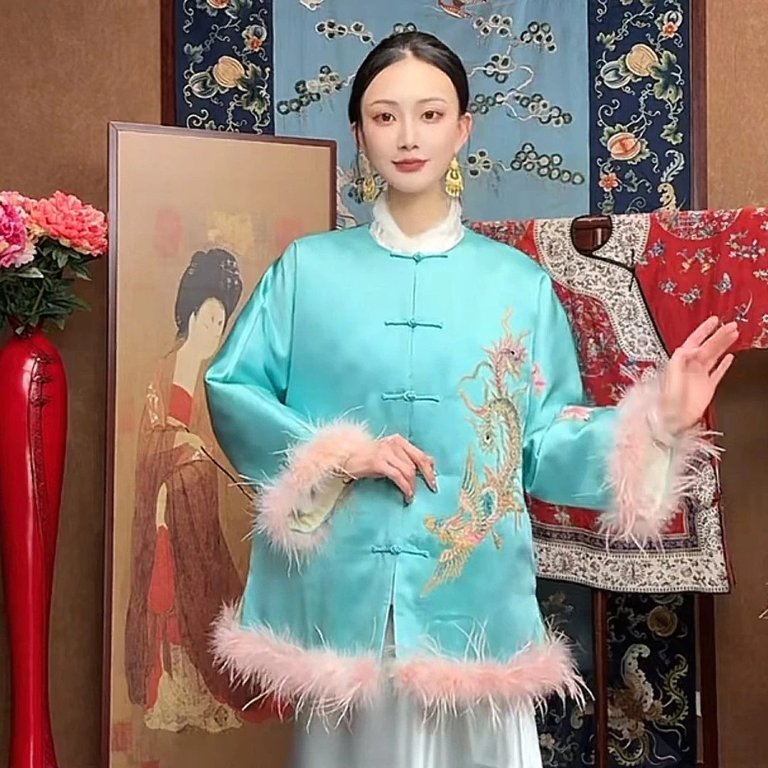 秋冬新款湖水绿真丝重工凤凰刺绣毛边国风女士外套
