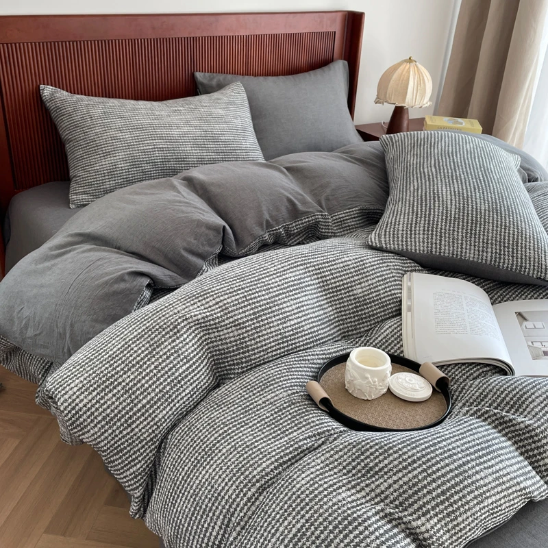 简约全棉色织双层纱提花纯棉四件套双面加厚纯色宿舍被套磨毛夏季